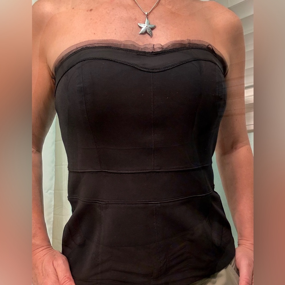 WHBM Corset Black Strapless Mesh Trim Peplum Top Zipper Back Sz 8